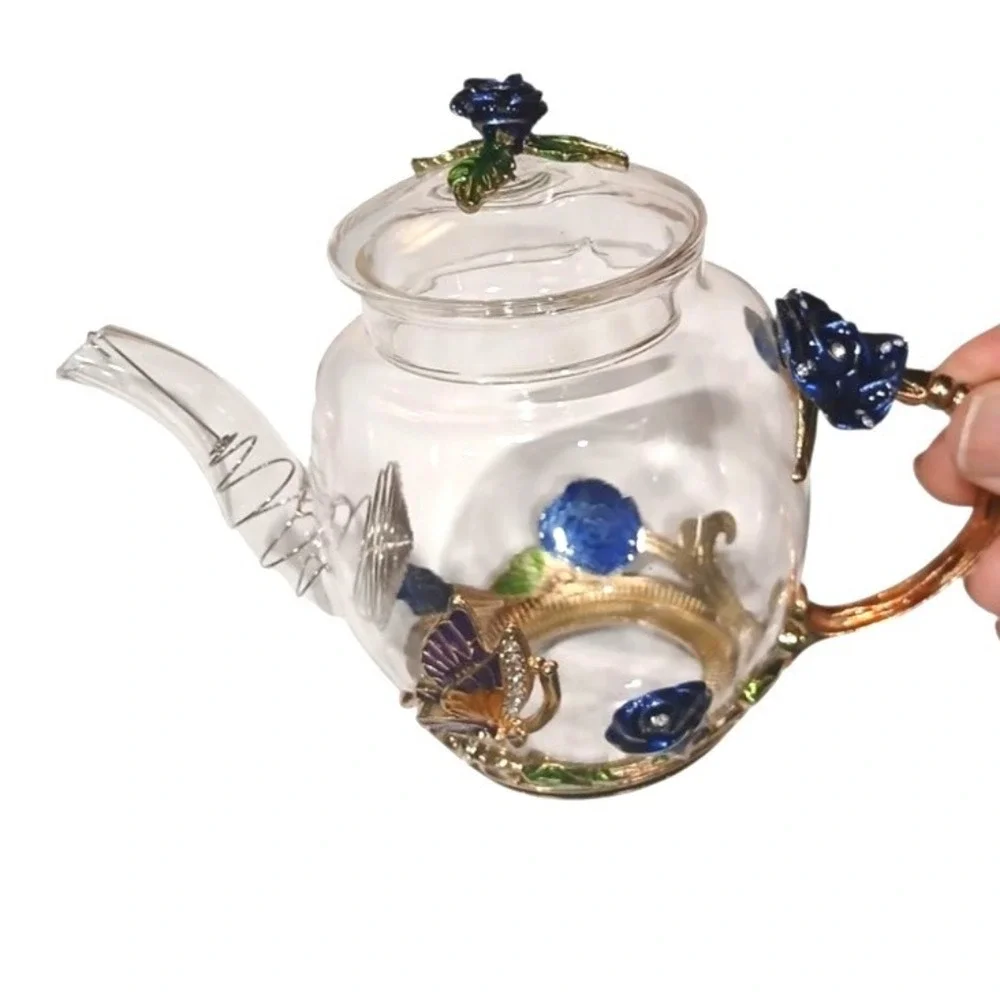 Tea Set Brew To A Tea Blue‎ Rose Butterfly Enamel Glass 3pc Set